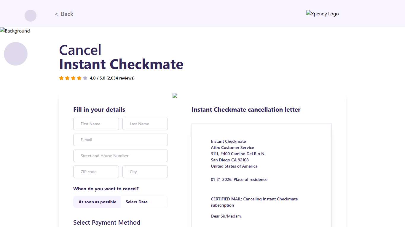 Cancel Instant Checkmate within 2 minutes | Xpendy