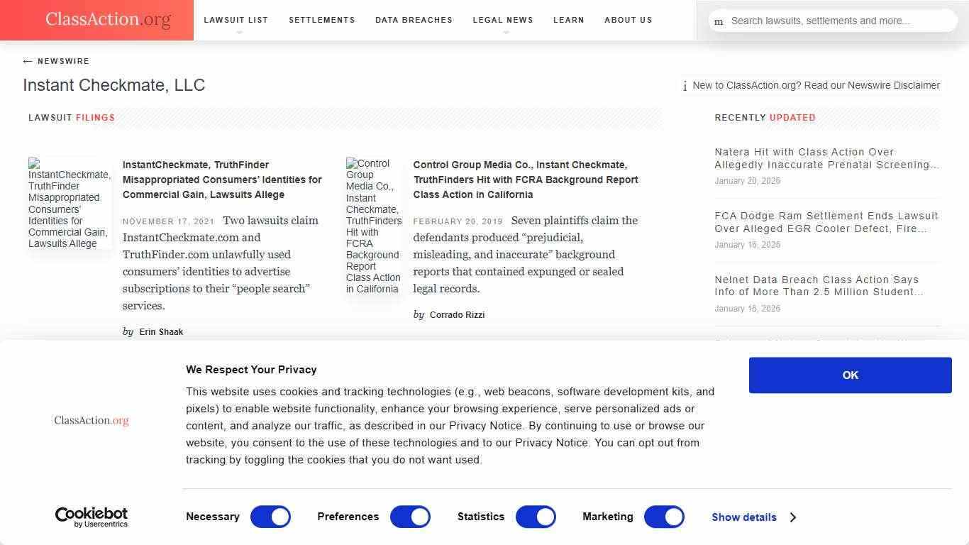 Instant Checkmate, LLC | The ClassAction.org Legal News Wire | Breaking Class Action Lawsuit & Settlement News